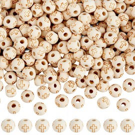 PONABEADIY 1 Box 400PCS 10MM Wood Cross Round Beads Beige Easter Enlaced Crucifix Plating Opaque Undyed Wooden Ball loose Spacer Bead Bulk for Jewelry Making Bracelet Earring Necklace Diy Craft Supply
