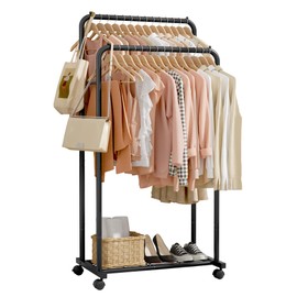 Sakugi Clothes Rack - Clothing Rack with Storage Mesh Shelf & Casters, Heavy-Duty Metal Clothing Rack for Hanging Clothes, Dresses, Coats, Large Load Capacity, Easy Assembly, Black, 28.0"x16.0"x59.0"
