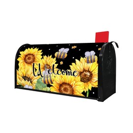 Welcome Summer Sunflower Bee Mailbox Covers, Magnetic Post Box Cover Wraps Standard Size 21x18 Inches for Garden Yard Decor