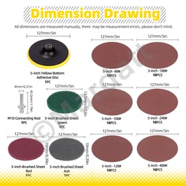 Mardatt 65Pcs 5" No-Hole Sanding Discs Pads Kit with Hook and Loop Backing Pad, 80 100 120 180 240 400 Grits Angle Grinder Drill Sanding Attachment and Soft Foam Buffering Pad for Wood Polishing