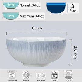 Dyware 60 oz Large Soup Bowl, Pho Bowls, 8-Inch Fluted White Porcelain Bowls Set of 3, Perfect for Hearty Meals and Serving - Blue White Ombre