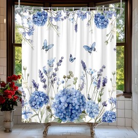 Blue Purple Hydrangea Floral Shower Curtain Watercolor Spring Flower Blossom Green Leaves Butterfly Rustic Nature Plant Farmhouse Bath Curtain Fabric Bathroom Accessories Decor with Hooks 70W x70L