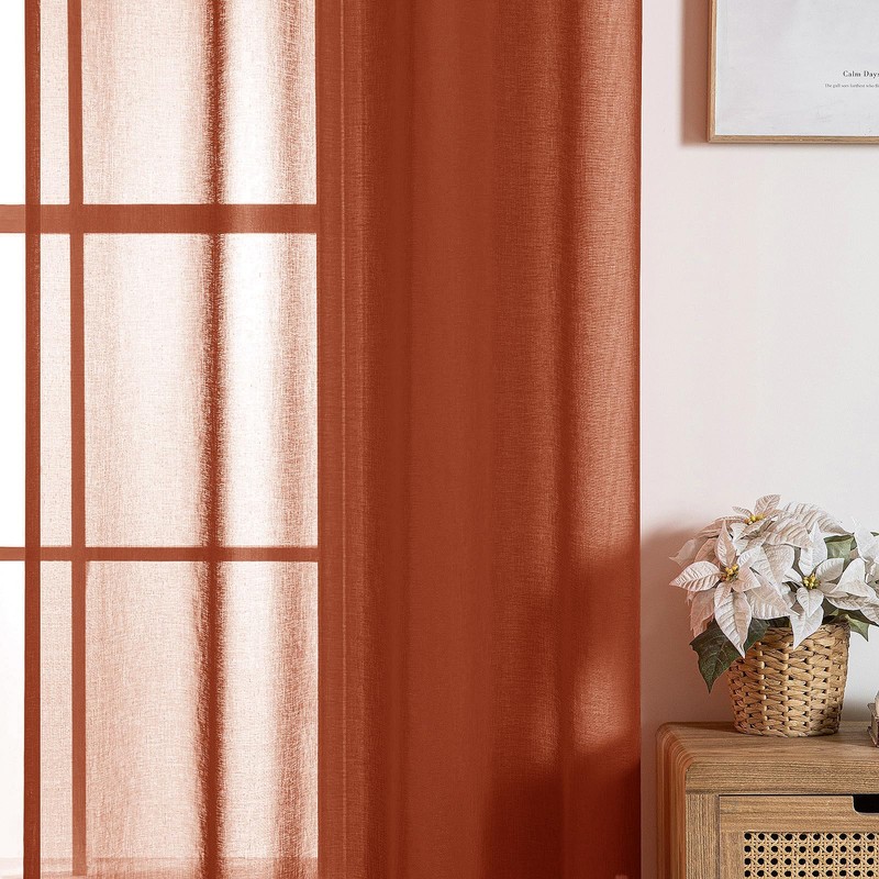 MIULEE Terracotta Linen Textured Sheer Curtains 2 Panels for Bedroom/Living