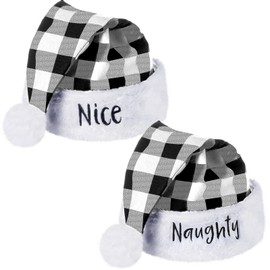 2 Pieces Naughty and Nice Plush Christmas Santa Hats Buffalo Plaid Holiday Hat for Christmas Party Supplies (White, Black, Adult Size)