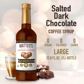 Matteo's Salted Dark Chocolate Syrup for Coffee, Lattes, Cappuccinos & Desserts – Sugar-Free Sweetener for Beverages, Keto Friendly, Zero Calories, Indulgent Flavor, Non-Alcoholic, 33.8oz (1pk)