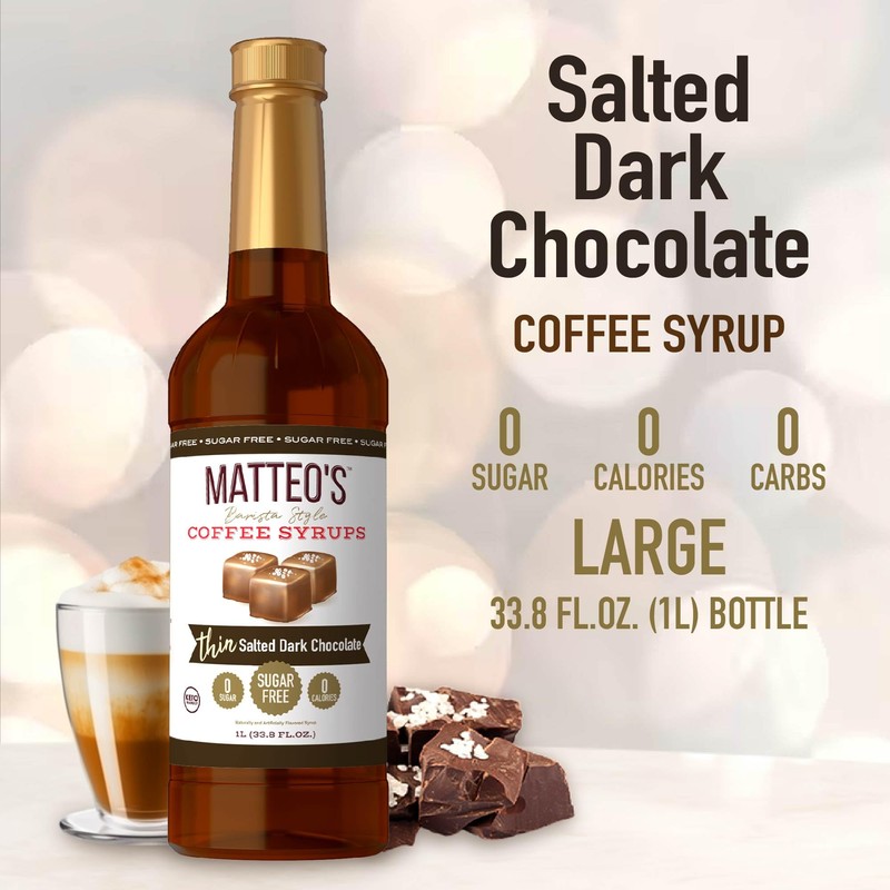 Matteo's Salted Dark Chocolate Syrup for Coffee, Lattes, Cappuccinos &