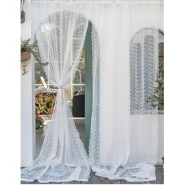 Yaland Net Curtain with Lace Design, Delicate Sheer Curtain with Ruffle Tape, in Kitchen, Living Room, Country House Style, 1 Piece, White, H x W 245 x 130 cm