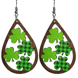 St. Patrick's Day Irish Shamrock Wooden Resin Dangle Earrings Dainty Green Leaf Hat Bottle Shape Earrings for Women Jewelry(A)
