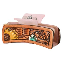 American Darling Floral Long Hair Claw Hand Tooled Carved Genuine Leather Brown Clips Clutcher Gift For Women Girls