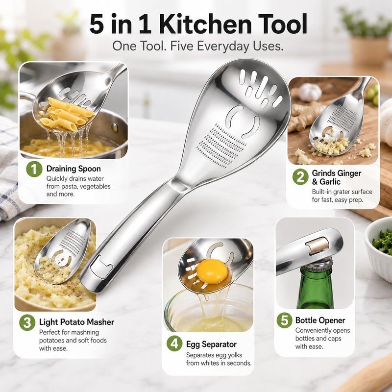 Slotted Draining Spoon, 5 in 1 Multifunctional 316 Stainless Steel