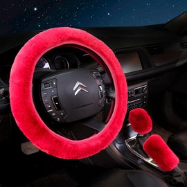 Rockreyoa 3 Piece Car Steering Wheel Cover Set Universal Gear Knob Cover + Handbrake Cover + Warm Fluffy Steering Wheel Cover Plush Steering Wheel Cover Car Interior Accessories Steering Wheel