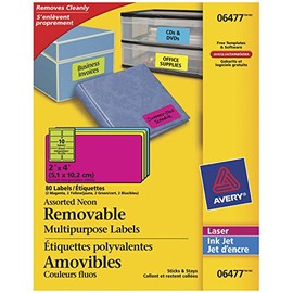 AVERY Removable Neon Labels, 2" x 4", Assorted Neon, Rectangle, 80 Labels, Removable (06477)