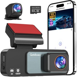 QzkBoeo Dash Cam Front and Rear, 4K and 1080P Wireless Dual Dashcam for Cars, Night Vision, 64GB Card Included, Built-in Wi-Fi, 24H Parking Monitor, Loop Recording for iOS/Android (3.2“ Screen)