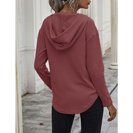 morhuduck Women's V Neck Hoodies Long Sleeve Sweatshirt Drawstring Pullover Tops with Pocket,Purple Red, S