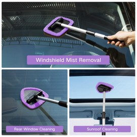 Qydipclin 11pcs Windshield Cleaner Tool, Car Window Cleaning Wash Kit with 6 Reusable Microfiber Pads 2 Spray Bottles and Extendable Handles Auto Glass Wiper Kit, Purple