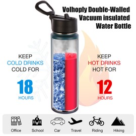 Volhoply 650 ml Stainless Steel Drinking Bottle with Straw, Double-Walled Vacuum Insulated Thermos Flask Children, Metal Leak-Proof Bottle, BPA-Free Thermos Flask for Sports, School, Outdoor (Dark