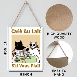 JRHung Funny Cute French Cafe Au lait Cat Wood Decor Sign, Retro Drink, Bistro Coffee Wood Plaque Decor, Farmhouse Bathroom Signs, Vintage Wood Printed Sign, Bathroom Sign