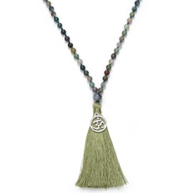 108 Mala Beads Tassel Necklace-Calming Meditation Spiritual Mala Necklace Gift-Healing Grounding Spiritual OM Necklace (Indian Agate)