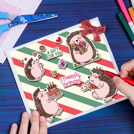 GLOBLELAND 8.3x5.5in Hedgehogs Clear Stamps Silicone Stamps Happy Birthday Rubber Stamps Silicone Transparent Seal Stamps for Card Making Scrapbooking Photo Album Decor