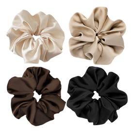 4 Pieces Jumbo Satin Silk Scrunchies for Women 7.2 Inches Large Oversize Scrunchies For Thick Hair Elastic Hair Ties (Brown Mix)