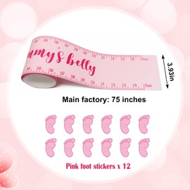 Baby Shower Game Belly Measuring Tape for Girls Gender Neutral, 75 Inch Mommy Pregnant Belly Tape Pink Tummy Measuring Tape with Footprint Stickers for How Big is Mommy Belly Game Supplies