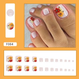 Press on Toenails Coffin with Flower Designs, Full Cover Reusable False Toenails with Adhesive Tab, Artificial Acrylic Fake Nails for Toe, Glue on Toenails with Charm, Stick on Toe Nails for Women