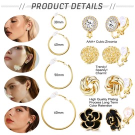 SAILIMUE 16 Pairs Clip On Earrings For Women 14K Gold Plated Chunky Clip On Hoop Earrings No Piercing Fake Earrings Set
