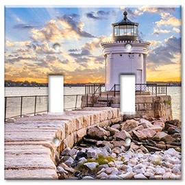 Art Plates 2 Gang Toggle Wall Plate - White Lighthouse on the Rocks