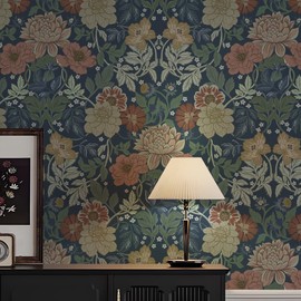 Safiyya Peel and Stick Wallpaper Vintage Floral Wallpaper Dark Blue Contact Paper 17.3"×78.7" Boho Self Adhesive Removable Wall Paper for Bedroom and Bathroom Vinyl Rolls