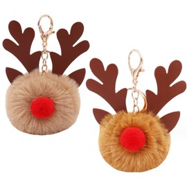 XNHIU 2Pcs Christmas Reindeer Keychains Cute Reindeer Pom Pom Keyrings Plush Elk Keychain Women Girls Key Pendant Party Favour Xmas Cartoon Decoration for Purse Key Bag