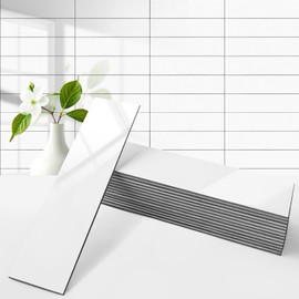 OYASIMI 80-Piece Glossy White Thick PVC Peel and Stick Backsplash, 2" x 8" Waterproof Subway Tile Peel and Stick Wall Tiles for Kitchen and Bathroom