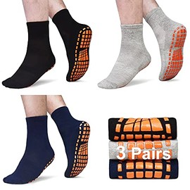 Mens Non Slip Socks for Yoga Pilates Anti Skid Grip Socks for Men 3 Pack Home Slipper Hospital Socks for Adult Elderly