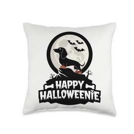 Happy Halloweenie Dachshund Moon Bat Cute Weiner Dog Throw Pillow