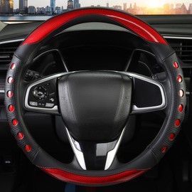 QCYP PU Leather Car Steering Wheel Cover with Anti-Slip Grip, for Women and Men, Universal Fit for 14.5-15 Inch Cars, Trucks, SUVs (Red (Round), Medium(Standard) Size[14 1/2''-15''])