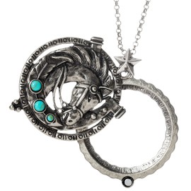 Artisan Owl Horse with Turquoise Stone Magnifier Magnifying Glass Sliding Top Magnet Pendant Necklace, 30" (Silver Tone)