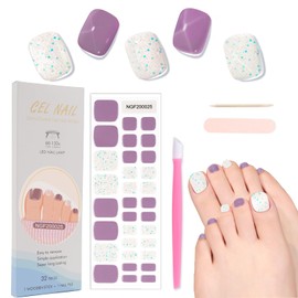 XEAOHESY 32pcs Semi Cured Gel Toenail Strips, Gel Pedicure Strips, Toe Nail Stickers, Needs to Be Cured With a Lamp, Come With Nail File, Wood Cuticle Stick, Plastic Press Stick（Purple）