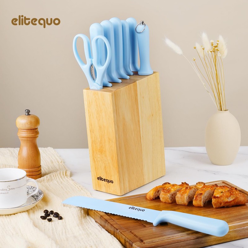 Elitequo 8 Piece Kitchen Knife Block Set with Sharpener,Dishwasher Safe,German