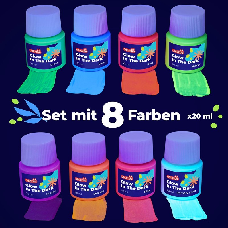 colozoo Glow-in-the-Dark Acrylic Paint Set | 8 x 20 ml