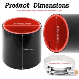 ID 3 Inch(76mm) High Temperature 4-Ply Reinforced Straight Silicone Hose Performance Coupler with 2Pcs T-Bolt Clamps Suitable High Level Turbo Pipe Connecting