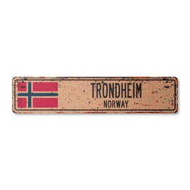 Trondheim Norway Vintage Aluminum Street Sign Norwegian Flag City Country Road Rustic Metal tin Wall Gift | Indoor/Outdoor | 18" Wide