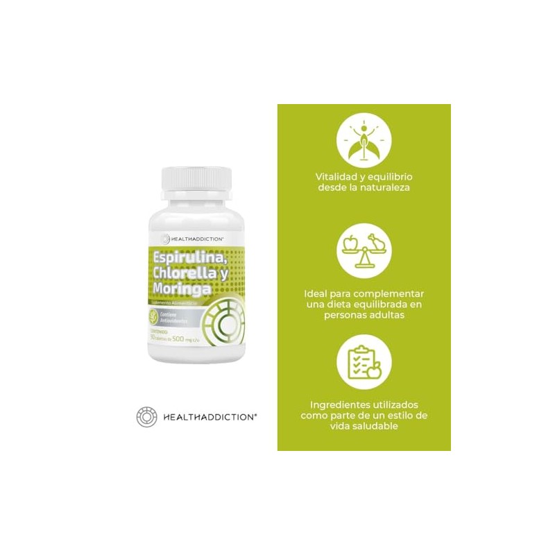 HEALTHADDICTION - Complejo de Espirulina, Chlorella y Moringa, Suplemento Alimenticio