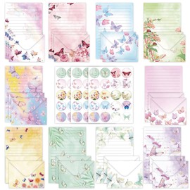 160 Pcs Stationery Paper Envelopes Set Includes 50 Lined Writing Paper & 50 Envelopes with 60 Colorful Round Dot Stickers, Cute Vintage Butterfly Letter Writing and Stationery Paper Envelopes(10Style)