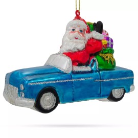 BESTPYSANKY Santa in a Convertible Car full of Gifts Glass Christmas Ornament 3.6 Inches