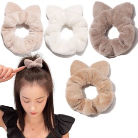 shefun Velvet Scrunchies, Fluffy Hair Decorations, Adult Fur Hair Ties, Cat Ears, 4-piece Set, Autumn/Winter, Women's Hair Accessories, Velvet Scrunchies, Cute, Large, Stylish, Hair Ties, JP240
