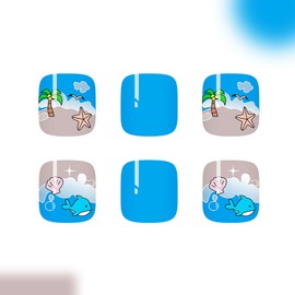 Summer Press on Toenails - Cartoon Beach Fake Toenail | Cute Whale & Coconut Tree Design False Toe Nails | Blue Acrylic Toenail,Stick on Toenails for Women | Summer Nail Art Decor | 12 Sizes-24Pcs