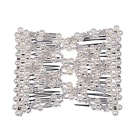 Ruihfas Delicate Women Girls Easy Stretch Pearls Combs Beaded Hair Comb Jewelry Double Clips (White)