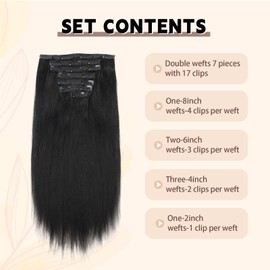 KIMSMTED Yaki Human Hair Clip in Extensions Jet Black Yaki Human Hair Clip ins for Black Women 20 Inch Invisible Yaki Clip ins Remy Human Hair Extensions for Full Head 120 Grams 7 Pcs