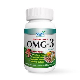 CMD - OMG-3 - Con Aceite de Pescado, Oliva, Linaza y Aceite de Cártamo - Omega 3, 6 y 9 - Suplemento Alimenticio - 1 Frasco de 60 Cápsulas (INDIVIDUAL)