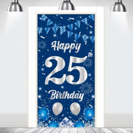 Happy Birthday Door Banner Backdrop Boys Girls 25th Birthday Decorations Black Gold 25th Birthday Door Cover Background Supplies Outdoor Indoor Birthday Decoration Photo Booth Props 180×90cm
