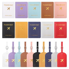 Swpeet 4Pcs White and Purple Blue PU Leather Passport Cover Holder and Luggage Tag Set, 2 Passport Covers 2 Luggage Tags, Passport Holder Travel Suitcase Tag, Passport Covers and Organizer for Travel